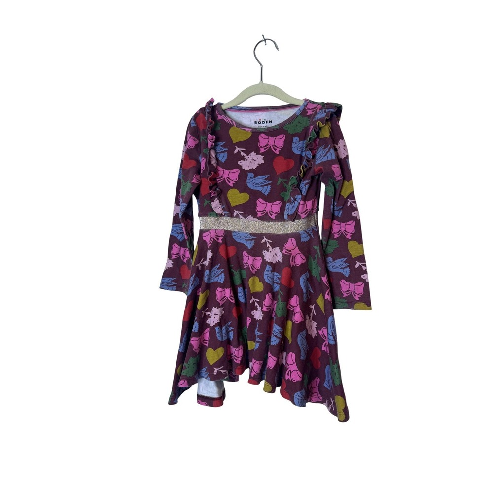 Mini Boden Dress Girls 6-7 Years Multicolor Bird Print Ruffle Skater Long Sleeve